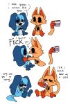 anthro beverage blue_body blue_fur blush canid canine canis coffee dialogue domestic_cat domestic_dog duo fan_character felid feline felis fur hi_res male mammal orange_body orange_fur pachi_rizuu screaming shocked shocked_expression simple_background surprise