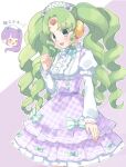  2girls :d bad_id bad_twitter_id center_frills chibi chibi_inset colored_eyelashes commentary_request cowboy_shot dress falulu falulu_(awakened) forehead_jewel frilled_dress frills green_hair grey_eyes hand_up headphones highres idol_clothes inactive_account long_hair long_sleeves looking_down maid_headdress manaka_non multiple_girls open_mouth parted_bangs plaid plaid_dress pretty_series pripara puffy_long_sleeves puffy_sleeves purple_dress shirt shiyurinpu sidelocks smile solo_focus standing translation_request twintails white_shirt 