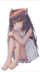  1girl absurdres animal_ear_fluff animal_ears bare_legs barefoot brown_hair cat_ears closed_mouth dress frilled_dress frills full_body hair_between_eyes hair_ornament hairpin head_rest highres hugging_own_legs indie_virtual_youtuber jewelry light_blush long_hair looking_at_viewer pendant simple_background sitting solo toes virtual_youtuber white_background white_dress yellow_eyes yuika_nia_(vtuber) yuimellow 