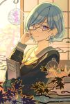  2girls architecture bespectacled black-framed_eyewear black_shirt blue_hair book branch commentary_request day east_asian_architecture ghost glasses grey_sailor_collar highres hinomori_shizuku ichigo_ichie_na_hyakki_yagyou!?_(project_sekai) indoors leaf light_blue_hair liso long_sleeves looking_at_viewer looking_over_eyewear lying multiple_girls neckerchief official_alternate_costume official_alternate_hair_length official_alternate_hairstyle on_back over-rim_eyewear project_sekai purple_eyes sailor_collar semi-rimless_eyewear shirt short_hair shouji sliding_doors smile solo_focus upper_body yellow_neckerchief 