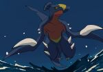  black_sclera blue_background colored_sclera colored_skin dragon fins flying full_body garchomp green_skin highres mashita._(mentaiko_omoti) no_humans pokemon pokemon_(creature) red_skin simple_background slit_pupils spikes water water_drop yellow_eyes 