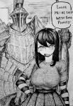  1boy 1girl absurdres armor black_hair breasts chronozbergh commentary dark_souls_(series) dark_souls_i english_text full_armor greyscale hand_on_own_hip havel_the_rock helm helmet highres holding_club large_breasts long_hair monochrome open_mouth original speech_bubble traditional_media v-shaped_eyebrows 