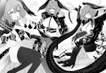  1girl :d :q arknights breasts coat dress feet_out_of_frame fingerless_gloves full_body gloves greyscale hand_to_own_mouth hand_up hands_up head_wings heart high_heels ho&#039;olheyak_(arknights) iwashi_80 knees_up long_sleeves looking_at_viewer lying medium_hair monochrome multiple_views on_side open_mouth pantyhose simple_background sitting smile snake_tail tail tongue tongue_out white_background wings 