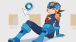  1boy 3suisousui blue_bodysuit blue_footwear blue_helmet blurry blurry_background bodysuit boots brown_hair cursor emblem green_eyes highres icon_(computing) loading_icon mega_man_(series) mega_man_battle_network_(series) megaman.exe solo spiked_hair white_background 