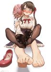  2girls @_@ absurdres aiharararara barefoot behind_another black_pantyhose blue_eyes blush bow breasts brown_hair dorsiflexion feet foot_focus foot_pussy foreshortening frilled_skirt frills hair_bow highres holding_another&#039;s_arm hololive large_breasts legs long_hair looking_at_another multiple_girls no_shoes oozora_subaru open_mouth pantyhose pink_nails purple_hair red_bow red_footwear shoes short_hair simple_background sitting skirt soles spread_toes sweatdrop sweater takane_lui teeth toenails toes twintails unworn_shoes upper_teeth_only virtual_youtuber white_background wings yellow_eyes 