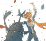 1boy arm_up barry_(pokemon) barry_(special_costume)_(pokemon) blonde_hair blue_bodysuit bodysuit clenched_hand closed_eyes confetti eyewear_on_head facing_viewer gloves heracross male_focus official_alternate_costume omyo_(myomyomyo22) open_mouth orange-tinted_eyewear orange_scarf pokemon pokemon_(creature) pokemon_masters_ex scarf short_hair tinted_eyewear white_background white_gloves 