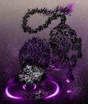  absurdres deadpool_yuchan elden_ring fallingstar_beast full_body glowing glowing_eye gradient_background highres hooves light_particles mandibles monster monster_focus no_humans one-eyed purple_eyes purple_theme signature solo spiked_tail sumi-e tail 