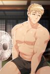  1boy architecture artist_name bara biceps blonde_hair blurry blurry_background dungeon_meshi east_asian_architecture highres laios_touden large_pectorals male_focus male_underwear mature_male muscular muscular_male nifast_(greentail) nipples no_pants one_eye_closed pectorals plump short_hair signature solo spiked_hair sweat sweatdrop thick_arms topless_male underwear yellow_eyes 
