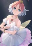  1girl 631 ahoge bare_shoulders blue_eyes breasts detached_sleeves dress grey_background hat highres jewelry mini_hat multicolored_hair necklace princess_tutu princess_tutu_(character) small_breasts solo standing two-tone_hair white_dress 