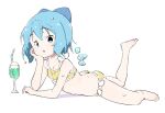  1girl blue_bow blue_eyes blue_hair bow cirno cup ice ice_wings kt_kkz looking_at_viewer short_hair simple_background swimsuit touhou wings 