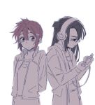  2girls black_hair closed_mouth commentary_request flower greyscale hair_flower hair_ornament headphones highres holding holding_phone jacket koori_chikage koyomania long_hair long_sleeves monochrome multiple_girls nogi_wakaba_wa_yuusha_de_aru one_side_up open_clothes open_jacket phone red_eyes red_hair shirt short_hair spot_color takashima_yuuna upper_body yuusha_de_aru 