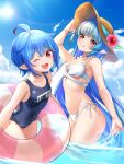  2girls ;d ahoge arm_up bangs bare_arms bare_shoulders bikini black_swimsuit blue_hair blue_sky blunt_bangs breasts brown_headwear cleavage cloud collarbone commentary commission day flower hair_between_eyes hand_on_headwear hat hat_flower highres indie_virtual_youtuber innertube leaflit_mitsuha long_hair looking_at_viewer medium_breasts multiple_girls name_tag one-piece_swimsuit one_eye_closed original outdoors pointy_ears red_eyes red_flower rukinya_(nyanko_mogumogu) short_hair side-tie_bikini skeb_commission sky small_breasts smile sun_hat swimsuit symbol-only_commentary thick_eyebrows transparent very_long_hair virtual_youtuber water white_bikini 