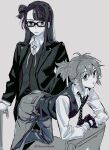  2girls bolo_tie cane collared_shirt commentary_request glasses gloves grey_background greyscale highres holding holding_cane jacket koori_chikage koyomania leaning_forward long_hair long_sleeves looking_at_viewer monochrome multiple_girls necktie nogi_wakaba_wa_yuusha_de_aru pants parted_lips shirt short_ponytail simple_background single_hair_ring suit_jacket takashima_yuuna vest waistcoat yuusha_de_aru 