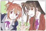  2girls black_jacket brown_eyes brown_hair collared_shirt commentary_request jacket koori_chikage koyomania long_hair multiple_girls neck_ribbon nogi_wakaba_wa_yuusha_de_aru open_mouth orange_hair parted_lips purple_ribbon red_eyes red_jacket ribbon sanshuu_middle_school_uniform school_uniform shirt short_ponytail single_hair_ring smile takashima_yuuna translation_request upper_body white_shirt yuusha_de_aru 