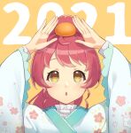  1girl 2021 :o arms_up bad_id bad_twitter_id blue_kimono floral_print floral_print_kimono food food_on_head frilled_sleeves frills fruit highres inactive_account japanese_clothes kimono long_hair long_sleeves mandarin_orange new_year object_on_head open_mouth ponytail pretty_series pripara red_hair shiratama_mikan shiyurinpu solo upper_body wide_sleeves yellow_background yellow_eyes 