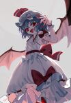  1girl blue_hair bow collared_shirt demon_wings fang feet_out_of_frame fingernails frilled_shirt_collar frilled_sleeves frills grey_background hat hat_ribbon highres looking_at_viewer medium_bangs mob_cap open_mouth pink_wings puffy_short_sleeves puffy_sleeves red_bow red_eyes red_nails red_ribbon remilia_scarlet ribbon sharp_fingernails shirt short_hair short_sleeves simple_background skirt skirt_set smile solo suna_(s73d) touhou waist_bow white_shirt white_skirt wings wrist_cuffs 