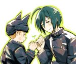  2boys ahoge animal_ear_headwear animal_ears beanie black_eyes black_hat black_jacket black_pants black_sleeves blue_hair blush_stickers brown_hair buttons closed_mouth collared_jacket commentary_request danganronpa_(series) danganronpa_v3:_killing_harmony double-breasted eyelashes fake_animal_ears green_outline hair_between_eyes half-closed_eyes hat height hoshi_ryoma interlocked_fingers jacket layered_sleeves leather leather_jacket light_blush light_smile long_sleeves looking_at_another looking_at_hand male_focus multiple_boys outline pants pocket saihara_shuichi short_hair simple_background smile sprout squatting tnoji upper_body white_background yellow_eyes 