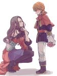  1boy 1girl aged_down black_footwear black_pantyhose blush boots bouquet brown_hair capelet closed_mouth commentary_request detached_sleeves dorothea_arnault dress ferdinand_von_aegir fire_emblem fire_emblem:_three_houses holding holding_bouquet long_hair orange_hair pants pantyhose puffy_sleeves red_capelet red_dress simple_background squatting tenjin_(ahan) white_background white_pants 