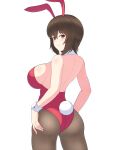  1girl absurdres animal_ears ass backless_leotard breasts brown_eyes brown_hair closed_mouth collar cowboy_shot detached_collar fake_animal_ears fake_tail from_behind girls_und_panzer grey_pantyhose highres iteza_(flapper_girl_25) large_breasts leotard looking_at_viewer looking_back nishizumi_maho pantyhose playboy_bunny rabbit_ears rabbit_tail red_leotard short_hair simple_background smile solo standing strapless strapless_leotard tail white_background white_collar wrist_cuffs 