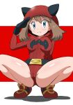 1girl belt black_belt black_gloves blue_eyes breasts brown_hair cameltoe closed_mouth commentary_request eyelashes fake_horns frown gloves hand_up highres hood hood_up hooded_leotard horns leotard may_(pokemon) partially_visible_vulva pokemon pokemon_oras red_footwear red_leotard ribbed_leotard salute shiny_skin shoes solo split_mouth spread_legs squatting team_magma team_magma_uniform tonbi_(enbitonbi) 