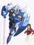  1980s_(style) 1girl beam_saber beret character_name christina_mackenzie earth_federation_space_forces gloves gundam gundam_0080 gundam_alex hat highres jacket kawamoto_toshihiro key_visual long_hair mecha military military_uniform mobile_suit official_art pants pilot production_art promotional_art red_hair retro_artstyle robot scan scarf science_fiction shield soldier traditional_media uniform v-fin white_gloves white_pants white_scarf 