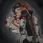  1girl animification apex_legends black_background bright_pupils brown_hair cable chinese_commentary english_commentary from_side hair_behind_ear highres horizon_(apex_legends) hugging_object le_ji_sheng_bei looking_down mixed-language_commentary parted_lips short_hair solo spacesuit white_pupils 