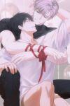  2boys absurdres black_hair black_shirt feet_out_of_frame highres hug hug_from_behind ilay_riegrow jeong_taeui jewelry light_particles looking_at_another male_focus multiple_boys passion_(manhwa) red_ribbon ribbon ring shirt short_hair shorts teeth white_hair white_shirt white_shorts whiteislife_4 yaoi 