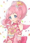  1girl :d bad_id bad_twitter_id bare_shoulders blue_eyes commentary_request confetti crown flower hair_flower hair_ornament heart inactive_account kiratto_pri_chan long_hair looking_at_viewer momoyama_mirai open_mouth pink_flower pink_hair pink_wings ponytail pretty_series shiyurinpu sidelocks smile solo upper_body white_background wings 