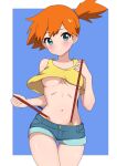  1girl absurdres blue_background blush border breasts closed_mouth collarbone commentary cowboy_shot cropped_shirt green_eyes highres looking_at_viewer misty_(pokemon) mnkr98 navel orange_hair pokemon pokemon_(anime) pokemon_(classic_anime) shiny_skin shirt short_shorts shorts side_ponytail solo split_mouth suspenders suspenders_slip underboob white_border yellow_shirt 