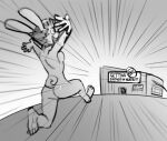 2023 anthro biped black_and_white building ears_up english_text excited feet female hair happy hi_res lagomorph leporid mammal monochrome motion_lines nude olivia_(spincraze) open_mouth rabbit running short_hair solo spincraze tail text