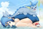 1girl 1other barefoot beach blue_eyes blue_hair closed_mouth cloud from_side hairband highres lana_(pokemon) looking_at_viewer palm_tree partially_submerged poke_ball pokemon pokemon_(anime) pokemon_sm school_swimsuit sky smile swimsuit throwplate tree vaporeon wet 