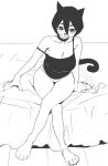 2024 5_fingers :3 anthro bed bedroom_eyes big_breasts black_clothing black_collar black_ears black_hair black_shirt black_tail black_tank_top black_topwear blush blush_lines breasts clothed clothing collar condom condom_wrapper crossed_legs digital_drawing_(artwork) digital_media_(artwork) domestic_cat felid feline felis female fingers front_view full-length_portrait furniture hair heart_pupils hi_res hutomayuu inviting looking_at_viewer mammal monochrome narrowed_eyes off_shoulder on_bed panties portrait seductive sexual_barrier_device shirt simple_background sitting sitting_on_bed smile solo tail tank_top tongue tongue_out topwear underwear white_background