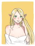  1girl arm_at_side bare_shoulders bite_mark bite_mark_on_neck blonde_hair blush breasts co1fee commentary cosplay detached_sleeves dungeon_meshi ear_blush elf falin_touden falin_touden_(cosplay) green_eyes hand_in_own_hair hand_up highres long_hair looking_at_viewer marcille_donato medium_breasts outside_border pointy_ears simple_background smile solo upper_body yellow_background 