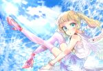  1girl angel_wings bare_shoulders blonde_hair blue_eyes blue_skirt high_heels highres minaramuda ocean open_mouth original school_uniform serafuku shirt skirt sky sleeveless sleeveless_shirt summer thighhighs twintails water white_thighhighs wings 