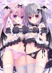  2girls :d apron ass_visible_through_thighs black_dress black_panties black_sleeves black_wings bow bow_panties breasts cameltoe cleavage clothes_lift commentary_request detached_sleeves dress dress_lift fang frilled_apron frilled_panties frills grey_hair hasune highres long_hair maid maid_headdress medium_breasts multiple_girls navel original panties parted_lips pink_hair pink_panties plaid plaid_panties puffy_short_sleeves puffy_sleeves purple_eyes red_eyes short_sleeves smile thighhighs twintails two_side_up underwear very_long_hair white_apron wings 