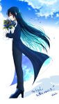 1girl ado_(utaite) black_pants blue_coat blue_flower blue_hair blue_rose bouquet chando_(ado) closed_eyes closed_mouth cloud_nine_inc coat colored_inner_hair commentary_request floating_hair flower gloves high_heels highres holding holding_bouquet long_hair long_sleeves multicolored_hair open_clothes open_coat pants rose shadow shoko_(gs_music11) sidelocks solo translation_request two-tone_hair utaite white_gloves wish_(ado) 