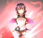  1girl animal_costume black_hair demon elbow_gloves gloves hammer horns humboldt_penguin_(kemono_friends) kemono_friends kemono_friends_v_project kneehighs looking_at_viewer open_mouth penguin_costume shirt short_hair skirt sleeveless sleeveless_shirt smile socks solo tail taurine_8000mg virtual_youtuber wings yellow_eyes 