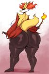 anthro big_butt biped breasts butt delphox female fur generation_6_pokemon hi_res huge_butt looking_at_viewer looking_back nintendo nude pokemon pokemon_(species) pupils saltyxodium smile thick_thighs yellow_body yellow_fur