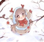  1girl angelica_(k3lly) animal_ears antlers artist_name bell blunt_bangs bow bowtie brown_coat brown_eyes brown_hair buttons christmas coat deer_ears english_commentary fake_animal_ears fur-trimmed_coat fur-trimmed_hood fur_trim highres hood horns jingle_bell k3lly light_blush long_hair open_mouth original red_bow red_bowtie red_footwear reindeer_antlers snow snowing solo standing tree watermark 