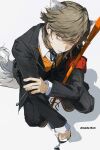  1boy absurdres aged_up amada_ken animal_ears black_jacket black_pants black_ribbon brown_hair character_name collared_shirt dog_ears dog_tail from_above gekkoukan_high_school_uniform highres jacket long_sleeves looking_at_viewer male_focus neck_ribbon ooc_(sylyaoh) orange_sweater_vest pants parted_lips persona persona_3 persona_4:_the_ultimate_in_mayonaka_arena persona_4:_the_ultimax_ultra_suplex_hold ribbon s.e.e.s school_uniform shirt short_hair solo squatting sweater_vest tail white_shirt yellow_eyes 