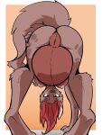 2023 anthro aster_(dima) belly bent_over big_belly breasts brown_body brown_fur brown_nose canid canine colored digital_media_(artwork) digitigrade dima_(artist) female fluffy fluffy_tail fur genitals hair hand_on_ground hand_on_leg hanging_breasts hi_res looking_at_viewer low-angle_view mammal markings medium_breasts navel orange_eyes outie_navel plump_labia pregnant presenting presenting_pussy pussy raised_tail red_hair shaded simple_background smile solo spots spotted_body spotted_fur tail tan_body tan_fur under_belly worm&#039;s-eye_view