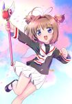  1girl blush brown_hair cardcaptor_sakura cherry_blossoms highres himehachi_(hime8manga) holding holding_wand kinomoto_sakura mary_janes open_mouth school_uniform serafuku shoes short_hair skirt smile socks solo tomoeda_elementary_school_uniform wand white_skirt white_socks 