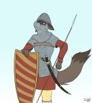 anthro armor canid canine fur hair headgear helmet hi_res holding_object looking_at_viewer male mammal melee_weapon savo simple_background solo sword tail weapon