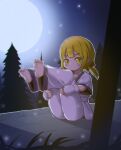  1girl absurdres barefoot blonde_hair chinese_commentary commentary_request dougi feet full_body full_moon highres kuma-bound looking_at_viewer low_twintails medium_hair moon night original outdoors pants soles solo stretching toes tree twintails white_pants yellow_eyes 