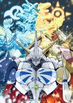  absurdres agumon armor blue_armor cape colored_skin cyborg digimon digimon_(creature) digimon_adventure digimon_adventure:_bokura_no_war_game dinosaur dragon emblem energy_wings gabumon garurumon glowing green_eyes greymon helmet highres horns looking_at_viewer mechanical_wings metalgarurumon metalgreymon omegamon orange_skin red_cape red_hair robot sawa_d sharp_teeth shield short_hair shoulder_armor shoulder_cannon single_horn spiked_hair spikes teeth two-sided_cape two-sided_fabric upper_body wargreymon weregarurumon werewolf white_cape white_skin wings wolf yellow_armor 