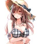  1girl bikini blush breasts brown_hair cleavage flower flower_necklace hat highres icca_ma idolmaster idolmaster_shiny_colors interlocked_fingers large_breasts long_hair looking_afar own_hands_together plaid plaid_bikini red_eyes simple_background solo straight_hair straw_hat sun_hat sweatdrop swimsuit tsukioka_kogane upper_body white_background 