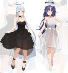  2girls absurdres alternate_costume bare_shoulders black_choker black_dress blue_archive blush choker dress full_body grey_hair halo highres looking_at_viewer mm_(mhm2592) multiple_girls noa_(blue_archive) purple_hair see-through_silhouette sleeveless sleeveless_dress smile straight_hair strapless strapless_dress two_side_up white_dress yuuka_(blue_archive) zoom_layer 