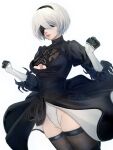  1girl 2b_(nier:automata) black_blindfold black_dress black_hairband black_thighhighs blindfold breasts cleavage cleavage_cutout clothing_cutout commentary dress gloves hairband highres leotard mitsuki_nite mole mole_under_mouth nier:automata nier_(series) parted_lips short_hair simple_background small_breasts solo standing thighhighs watermark white_background white_hair white_leotard 