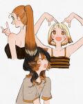  3girls absurdres arms_up bare_arms bare_shoulders black_hair blonde_hair camisole colored_tips commentary cropped_torso flat_chest fox_shadow_puppet fukujumaru green_eyes grey_shirt heart_arms highres long_hair looking_at_viewer looking_back medium_hair multicolored_hair multiple_girls open_mouth orange_eyes orange_hair original ponytail shirt short_hair short_sleeves simple_background sleeveless spaghetti_strap strapless striped_camisole t-shirt two-tone_hair white_background yellow_eyes 