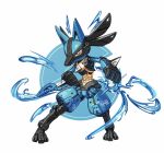  aura black_skin blue_skin bright_pupils brown_eyes character_name colored_skin dog full_body humanoid_robot lordyanyu lucario mechanization number_print pokemon pokemon_(creature) powering_up robot simple_background solo spikes text_print white_background white_pupils yellow_skin 